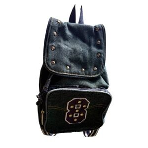 Studded Denim Mini Backpack with Number Patch